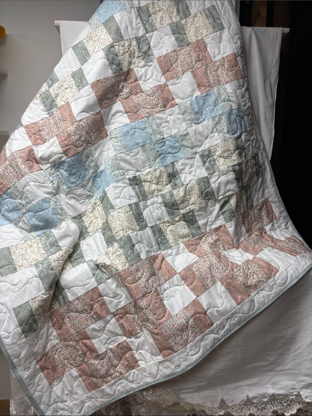 Patchwork Floral Quilted Throw in Pastel Pink, Blue, and Sage
